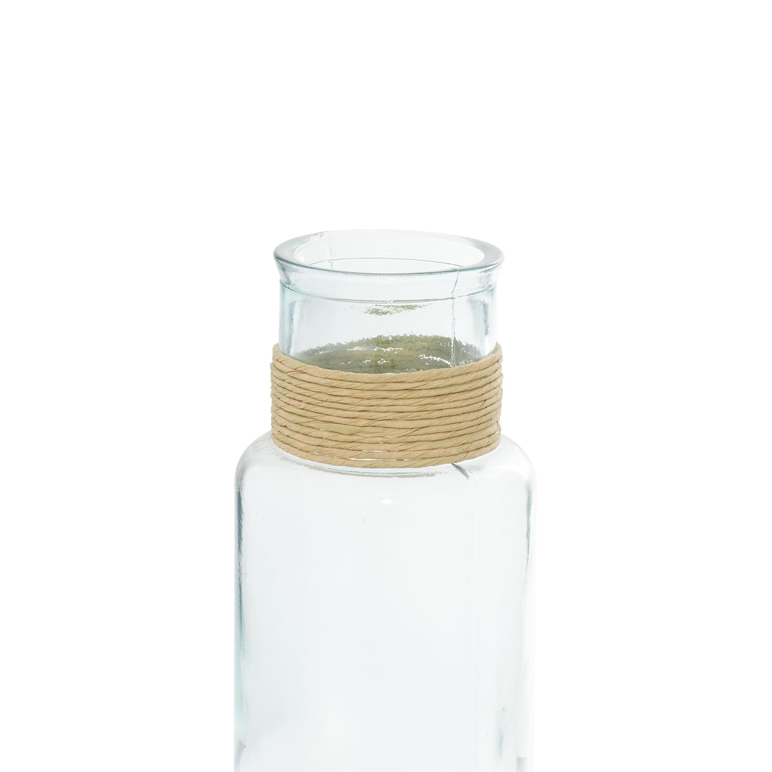 Deco 79 Recycled Glass Handmade Spanish Vase with Wrapped Rattan Neck Detail, 6" x 6" x 18", Clear