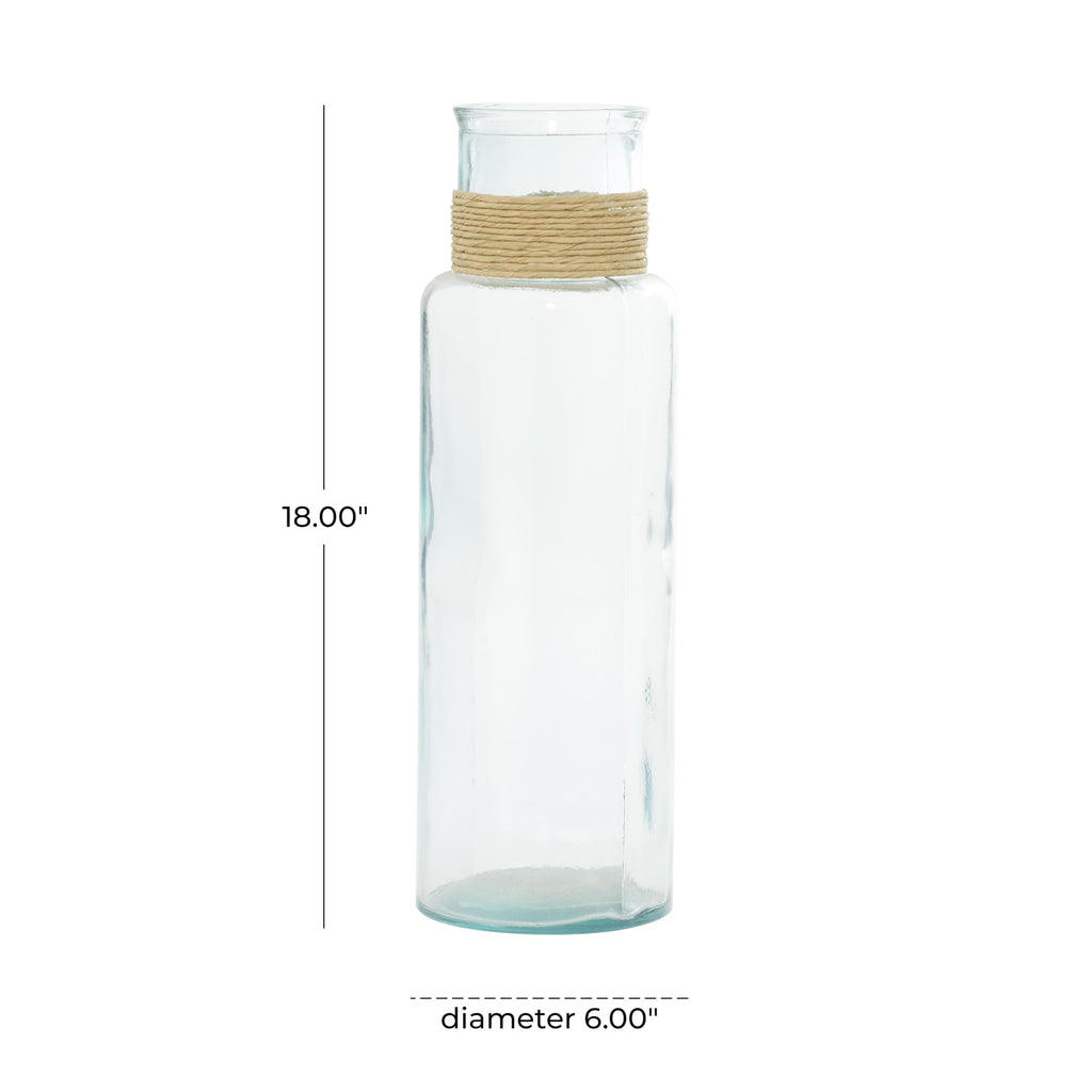 Deco 79 Recycled Glass Handmade Spanish Vase with Wrapped Rattan Neck Detail, 6" x 6" x 18", Clear
