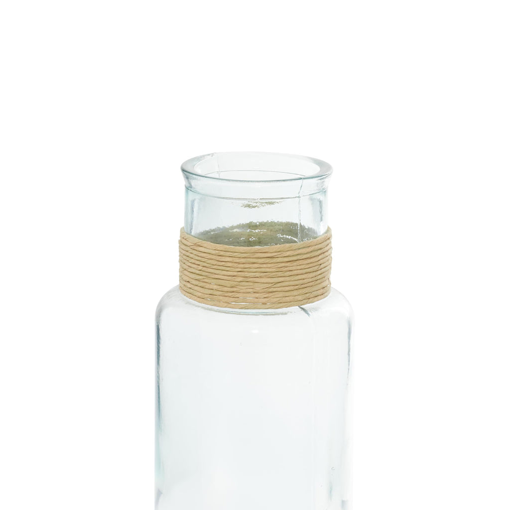 Deco 79 Recycled Glass Handmade Spanish Vase with Wrapped Rattan Neck Detail, 6" x 6" x 18", Clear