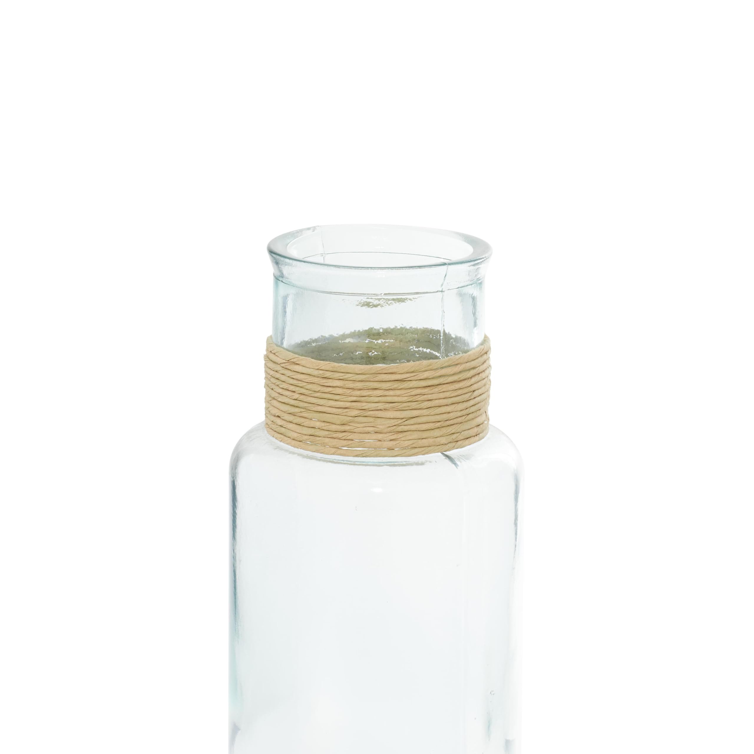 Deco 79 Recycled Glass Handmade Spanish Vase with Wrapped Rattan Neck Detail, 6" x 6" x 18", Clear