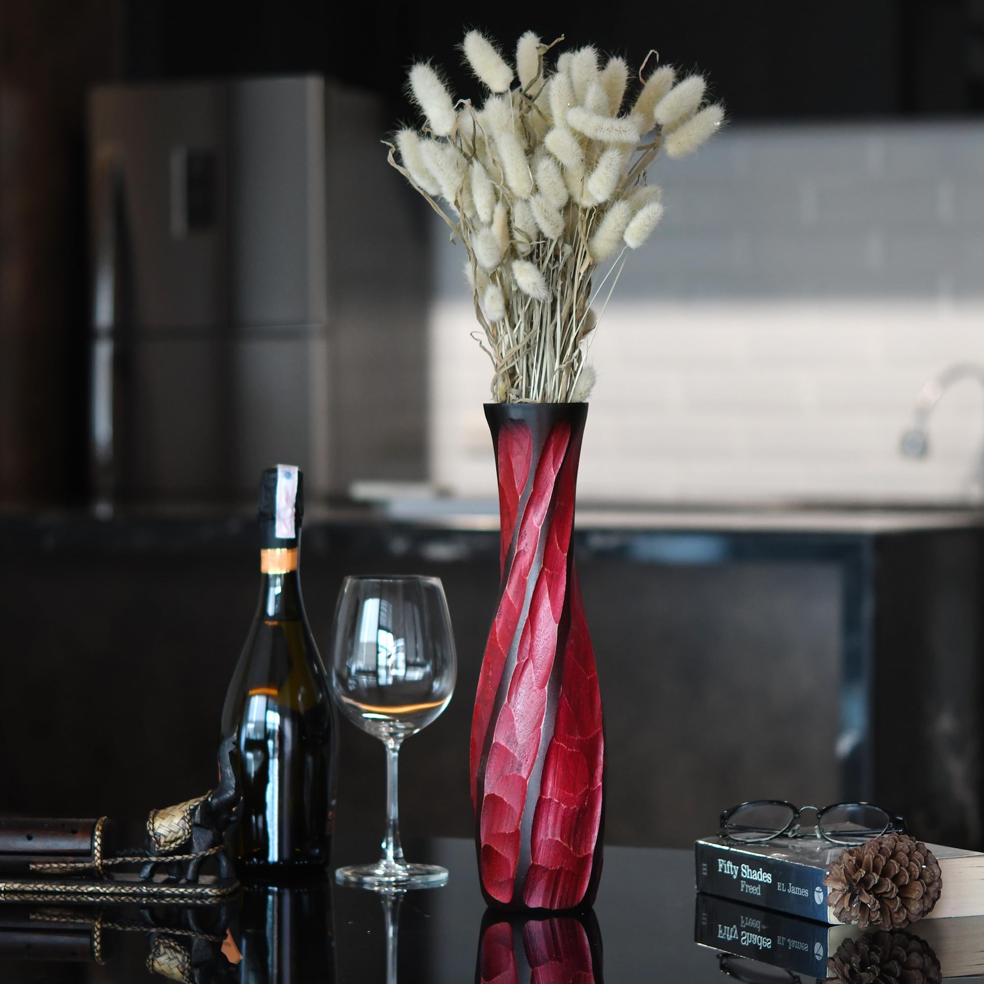 AeraVida Beautifully Hand Carved Etched Mango Tree Wood Vase | 14 inch | Classic Flower Vase | Mango Tree Wood Flower Vase