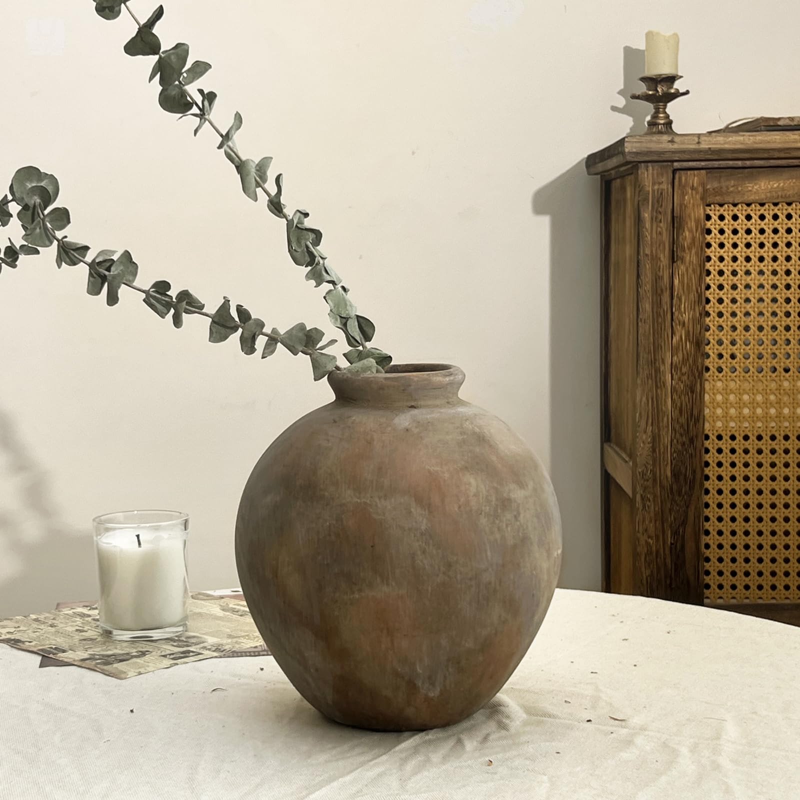 TDIAVH 7.87 Inch Farmhouse Decor Ceramic Rustic Vase, Handmade Brown Pottery Flower Vase for Home Decor, Vintage Centerpiece Vase for Living Room & Kitchen, Ceramic Flower Vase for Table Decoration