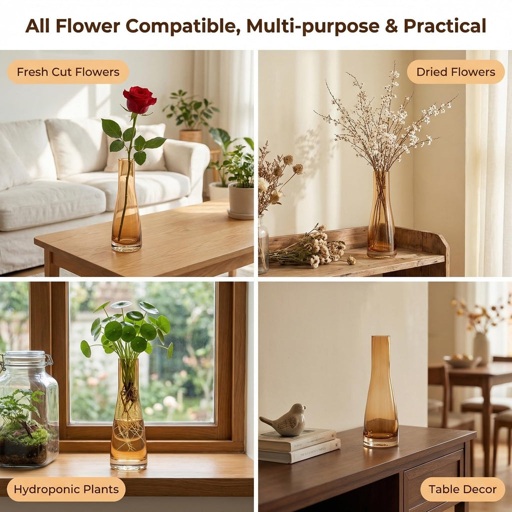 Glass Single Bud Vase Hand-Made Blown Small Flower Vase Single Stem Vases Mini Cute Decorative Bud Floral Vase Narrow Neck Vase