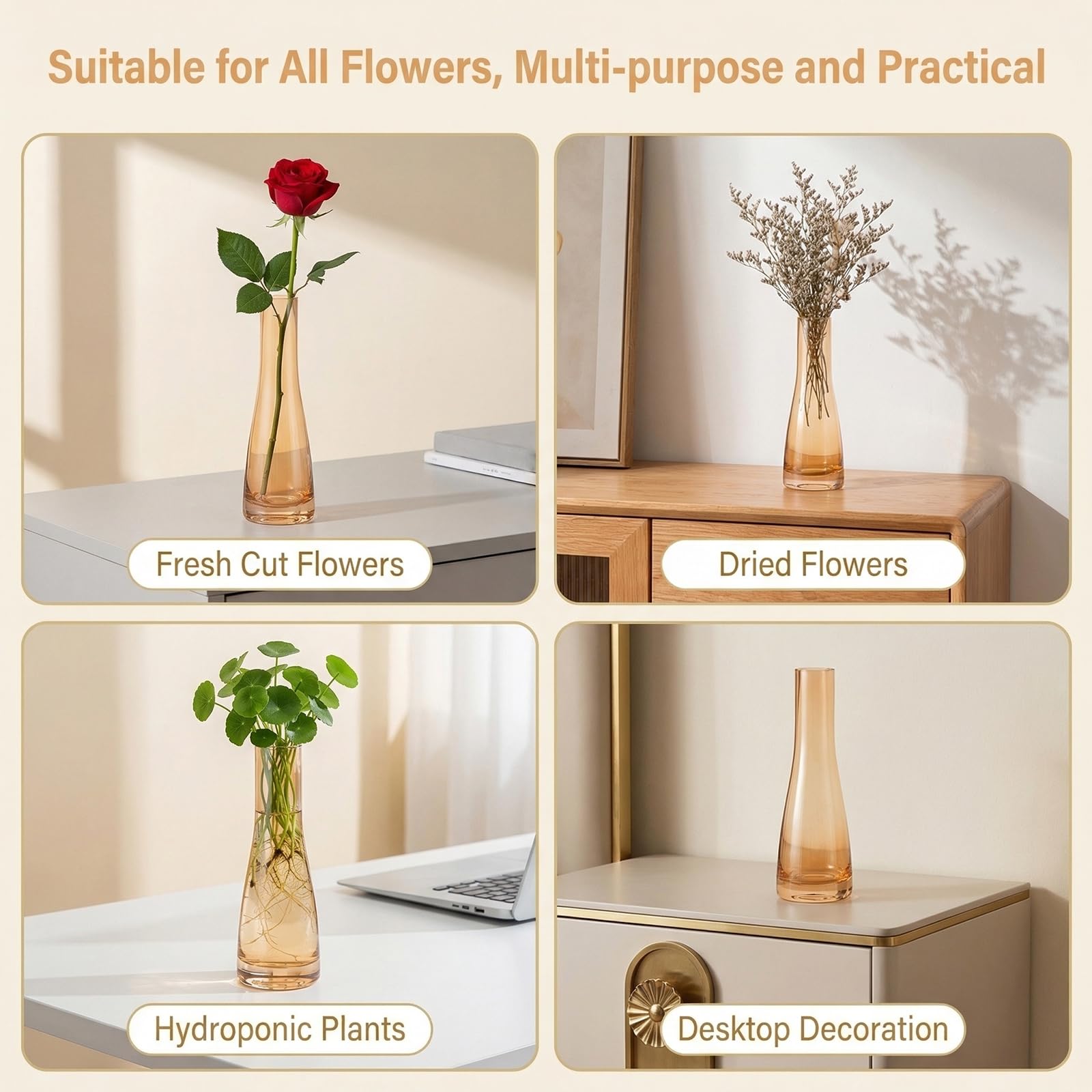 Glass Single Bud Vase Hand-Made Blown Small Flower Vase Single Stem Vases Mini Cute Decorative Bud Floral Vase Narrow Neck Vase