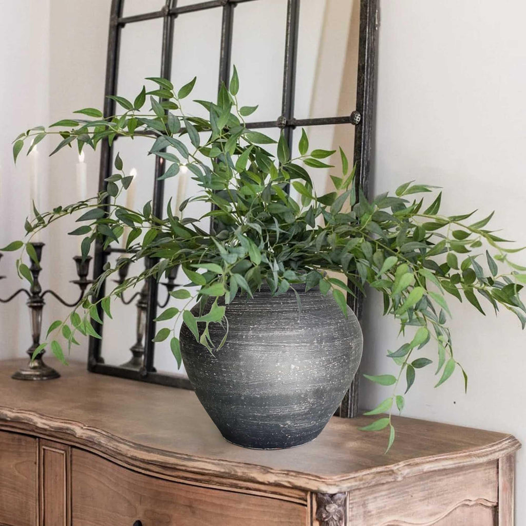 10'' Handmade Clay Black Rustic Textured Vase，Rustic Round Black Terracotta Farmhouse Vase Heavyweight
