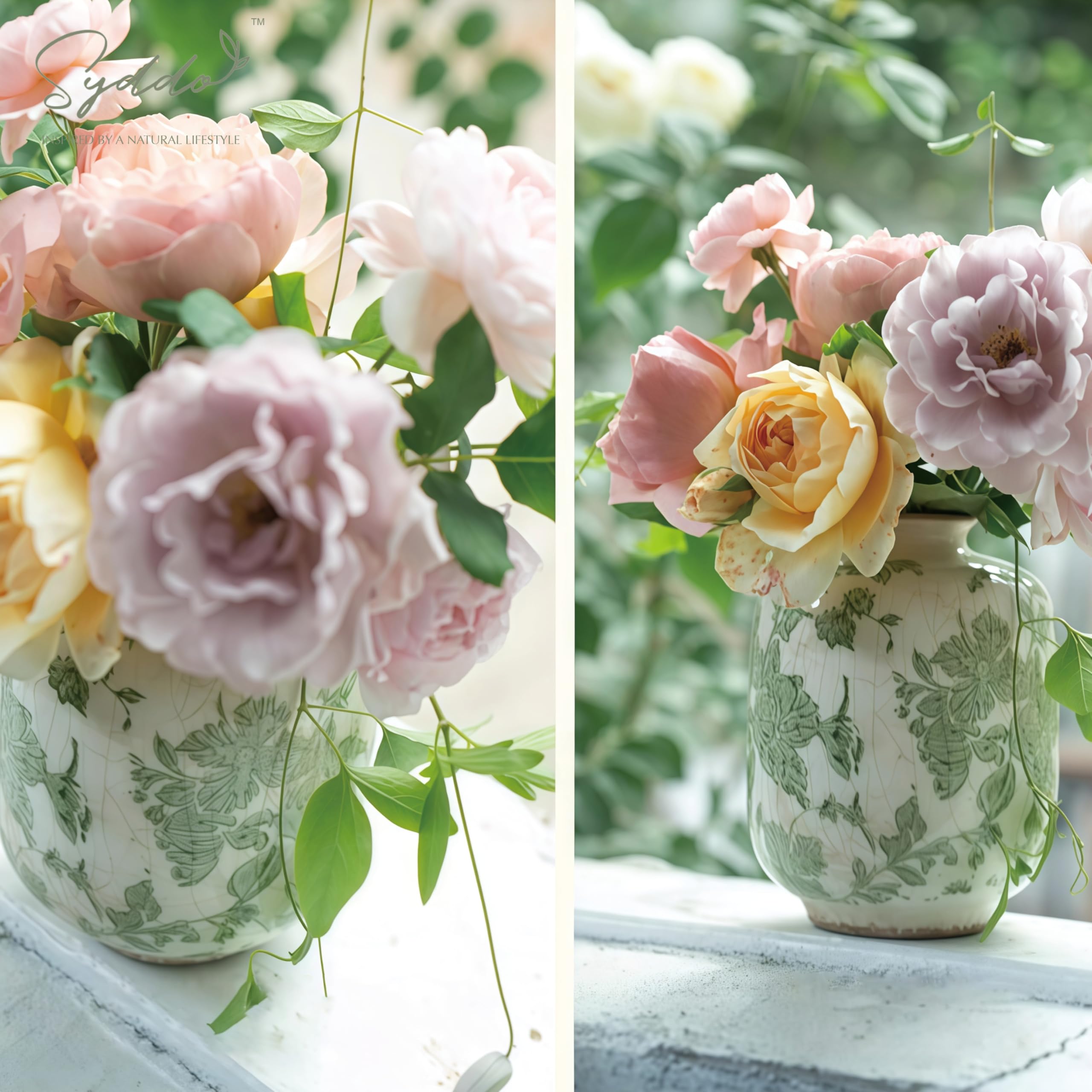 SYDDOL 5.5" Vintage Ceramic Vase, Rustic French Country Style with Crackle Glaze, Handcrafted Green Floral Pattern, Small Decorative Vase for Home, Table Centerpieces, Living Room, Shelf & Mantel