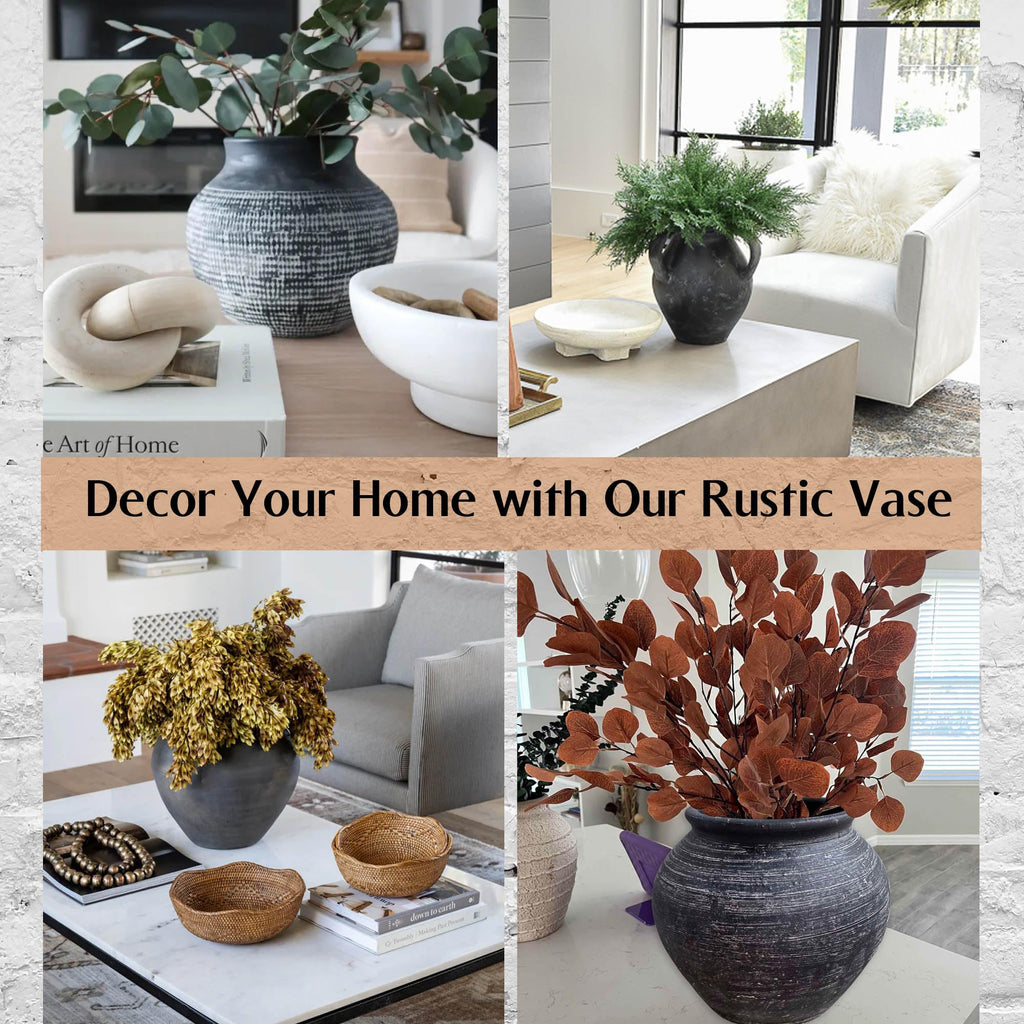 10'' Handmade Clay Black Rustic Textured Vase，Rustic Round Black Terracotta Farmhouse Vase Heavyweight