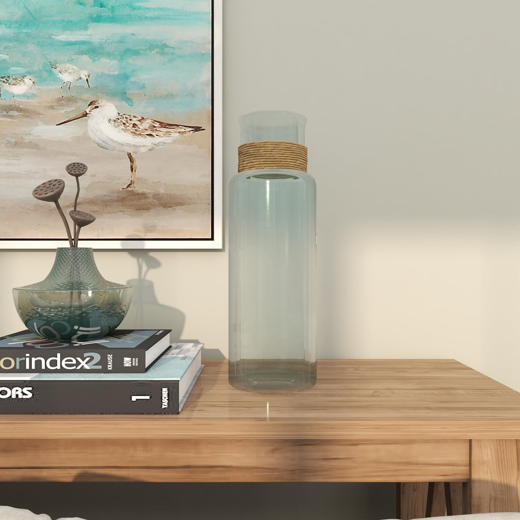 Deco 79 Recycled Glass Handmade Spanish Vase with Wrapped Rattan Neck Detail, 6" x 6" x 18", Clear