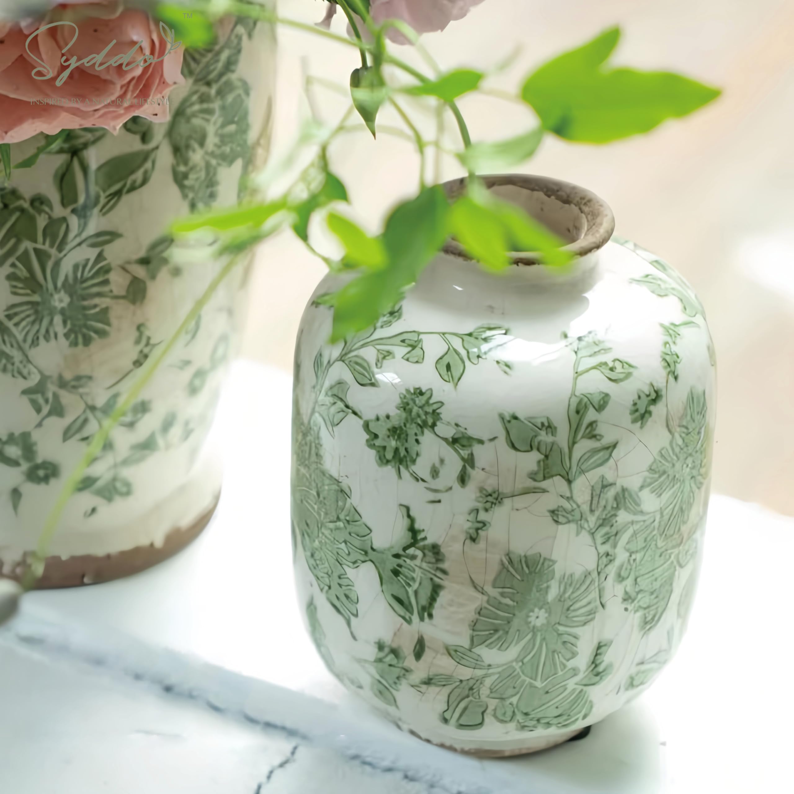 SYDDOL 5.5" Vintage Ceramic Vase, Rustic French Country Style with Crackle Glaze, Handcrafted Green Floral Pattern, Small Decorative Vase for Home, Table Centerpieces, Living Room, Shelf & Mantel