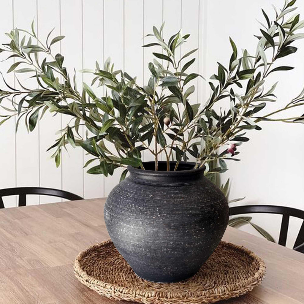 10'' Handmade Clay Black Rustic Textured Vase，Rustic Round Black Terracotta Farmhouse Vase Heavyweight