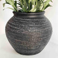 10'' Handmade Clay Black Rustic Textured Vase，Rustic Round Black Terracotta Farmhouse Vase Heavyweight