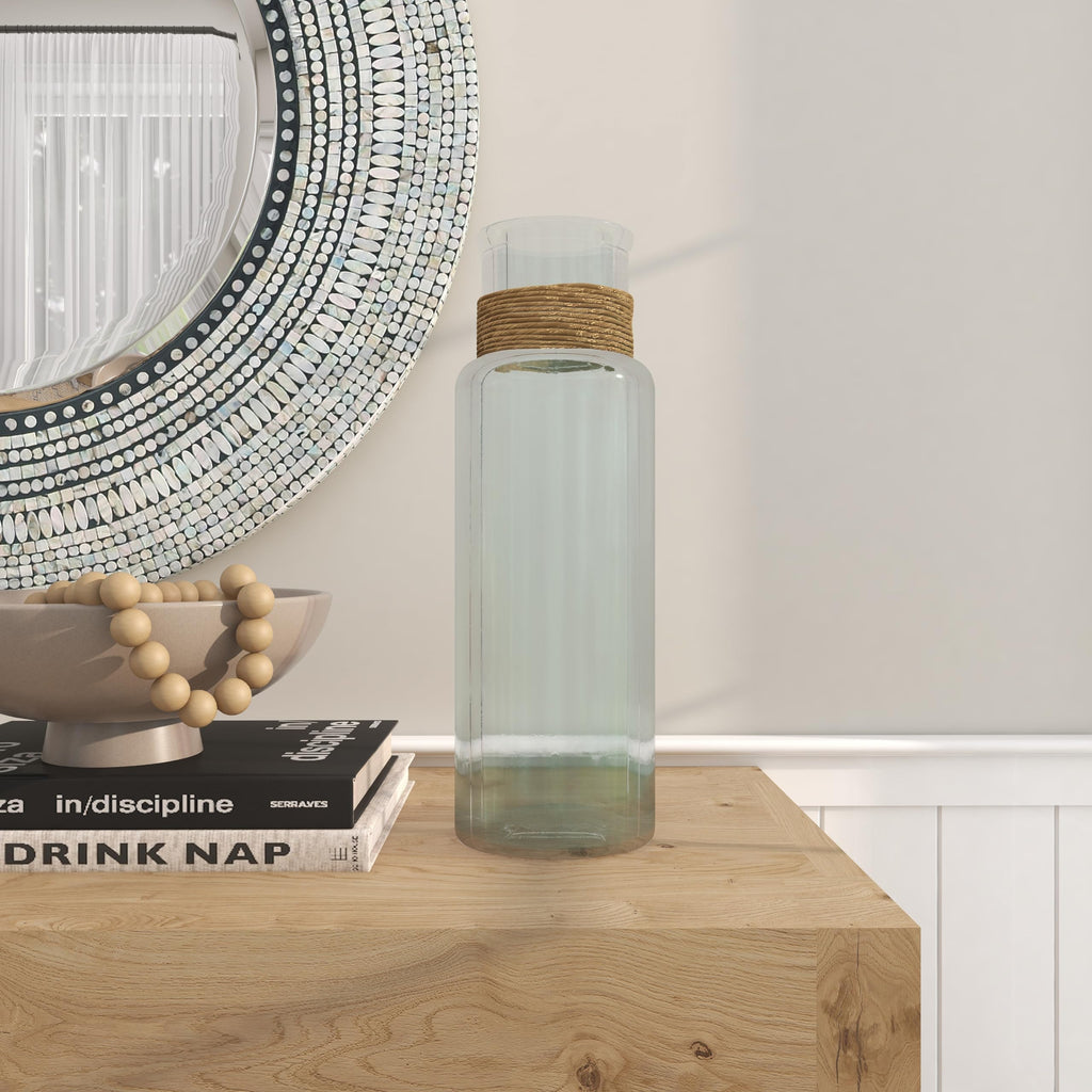 Deco 79 Recycled Glass Handmade Spanish Vase with Wrapped Rattan Neck Detail, 6" x 6" x 18", Clear