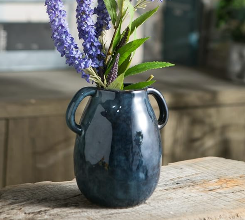 Tanvecle Blue Ceramic Vase with 2 Handles, Modern Farmhouse Decor, Rustic Terracotta Pottery, Decorative Flower Vases, Clay Small Vase, Centerpiece for Dining Table - 7 Inch Tall